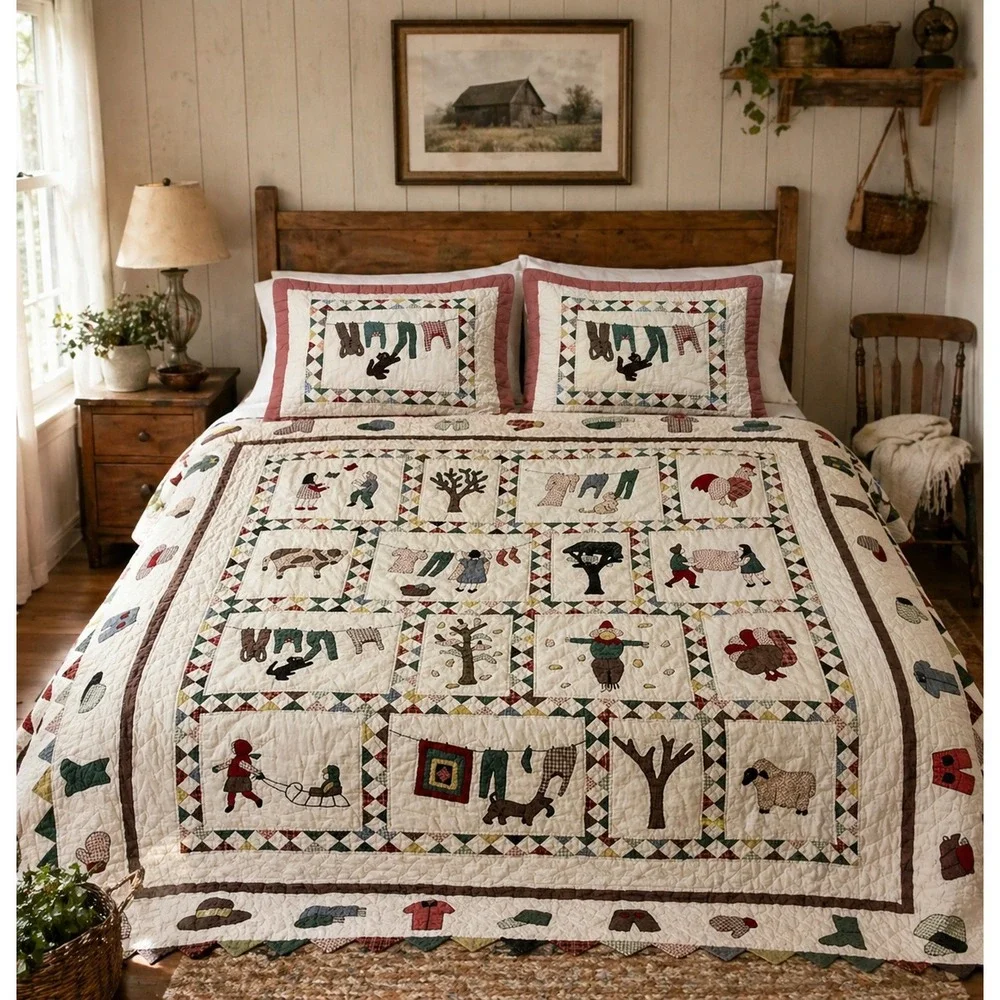 Vintage Folk Art Appliqué Quilt Full Size with Matching Shams Story Quilt Set
